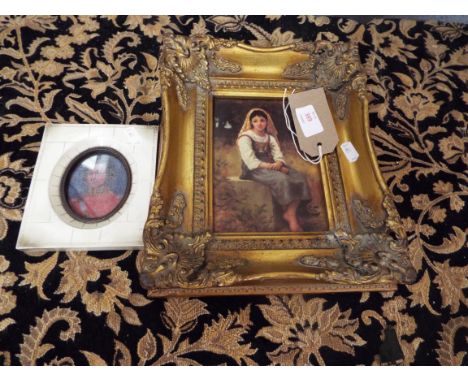 A print in a gilt frame together with a portrait miniature frame