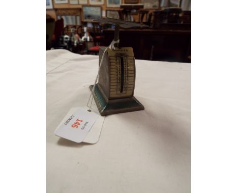 A set of vintage miniature weighing scales with guilloche design to base and 'Ounces' scale to front, marked 'English Make'