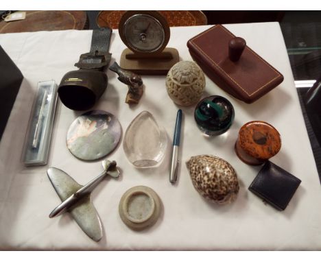 Miscellaneous items to include a Wedgwood glass paperweight dated 1976, a Parker fountain pen, a nickel plated brass model of