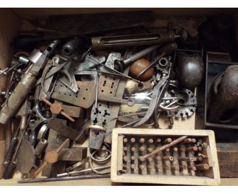 A good selection of vintage watchmakers', engineers' and carpenters' tools to include planes, calipers, gauges, clamp etc by 