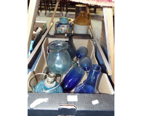 A mixed selection of glass items to include goblets, vases, crackle glass lamp etc