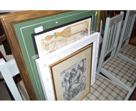 A gilt framed print depicting the Prophet Jeremiah; a white framed wall mirror and a gilt framed map