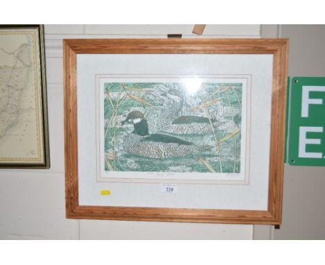A pencil signed limited edition print depicting green pigmy geese