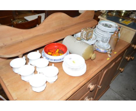A stoneware foot warmer; a quantity of Portmeirion "Botanic Garden" plates and bowls; an oriental satsuma pot and cover AF; a