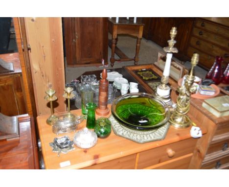 Two table lamp bases; a green Art Glass bowl; a pair of brass candlesticks; various other glassware; wooden serviette rings; 