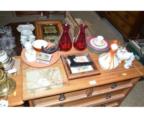 A Victorian framed tile; a pair of ruby glass vases and various other decorative china 