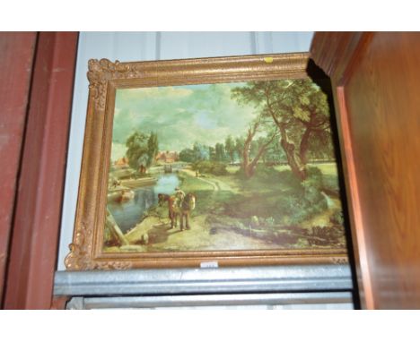 After John Constable a gilt framed oleograph study depicting figures by a canal 