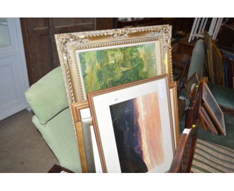 A large gilt framed oleograph study; together with a quantity of pictures and prints