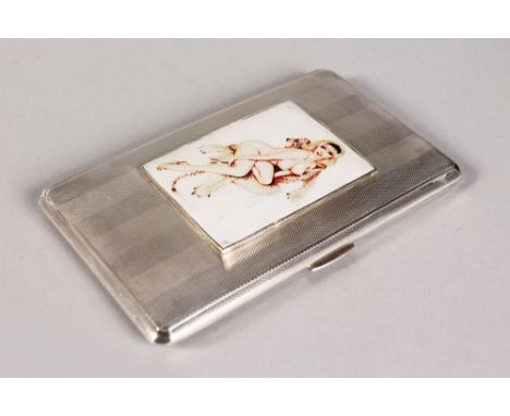 AN ENGINE TURNED CIGARETTE CASE, 5.5ins x 3.25ins, Birmingham 1953, the cover with a glamour oval.