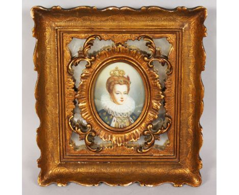 PORTRAIT OF A LADY, wearing a crown and lace ruff,  Signed. 3.25ins x 2.5ins, in a gilt back mirrored frame.