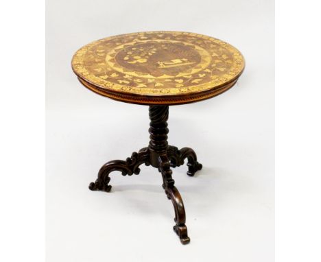 A 19TH CENTURY DUTCH MARQUETRY TRIPOD TABLE, the circular tilt top profusely inlaid with figures, flora, fauna and geometric 