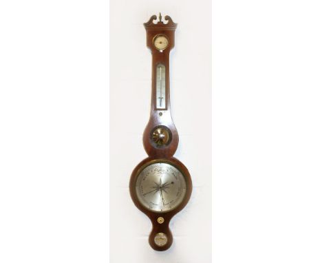 A GEORGE III MAHOGANY BANJO BAROMETER, of typical form, signed J. Borelli, Basingstoke. 3ft 2ins high.