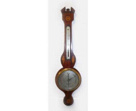 A GEORGE III MAHOGANY BANJO BAROMETER, with thermometer, the case with inlaid decoration, the silvered dial signed J. Schalfi