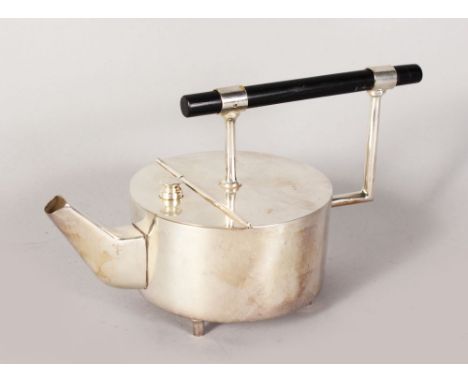 A CHRISTOPHER DRESSER DESIGN CIRCULAR TEAPOT with ebony handle on short legs.