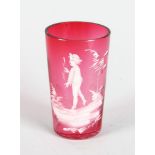 A VICTORIAN MARY GREGORY CRANBERRY TUMBLER, CIRCA. 1880, painted with a boy. 3.5ins high.