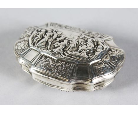 A CONTINENTAL SILVER SHAPED SNUFF BOX, the lid with figures. 2.75ins.