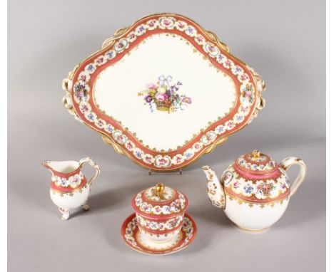 A LOVELY COALBROOKDALE CABARET SET, with rose pompadour floral borders, painted with bouquets and flowers, comprising oval tr