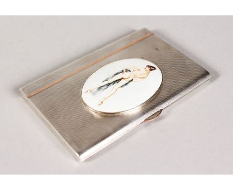 AN ENGINE TURNED CIGARETTE CASE, 5ins x 3.25ins, with inscription, dated 1953, Sheffield 1951, the cover with a glamour oval.
