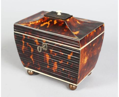 A GOOD SMALL REGENCY TORTOISESHELL TWO-DIVISION TEA CADDY, with octagonal shaped top, plain sides and back and ribbed front, 