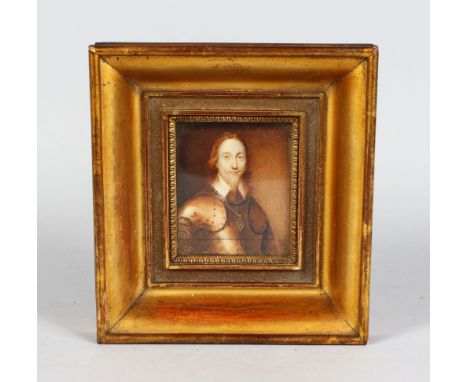 A GILT FRAMED PORTRAIT OF CHARLES I, head and shoulders, in a suit of armour. Monogrammed M.L.L. 1846.  3.75ins x 3ins.