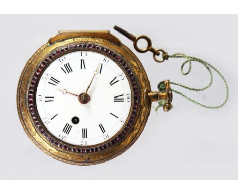 A LARGE WARD OF LONDON VERGE POCKET WATCH, with black and white enamel dial, 5.5cms, with ruby surround, the reverse side wit