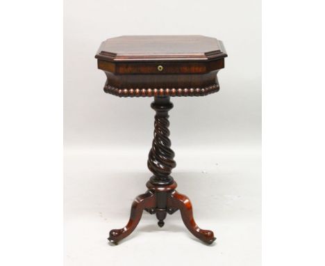 A LATE REGENCY ROSEWOOD SEWING BOX on stand, with velvet interior, barley twist support, ending in tripod legs. 2ft 4ins high