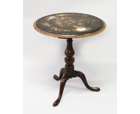 A GEORGE III MAHOGANY AND FAUX MARBLE TRIPOD TABLE, the circular top inset with slate and painted to simulate pietra dura, su