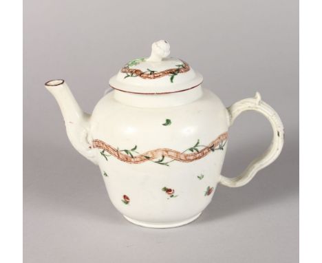 A RARE 18TH CENTURY BRISTOL TEAPOT AND COVER, painted with scattered flowers and an undulating ribbon and vine crossed swords
