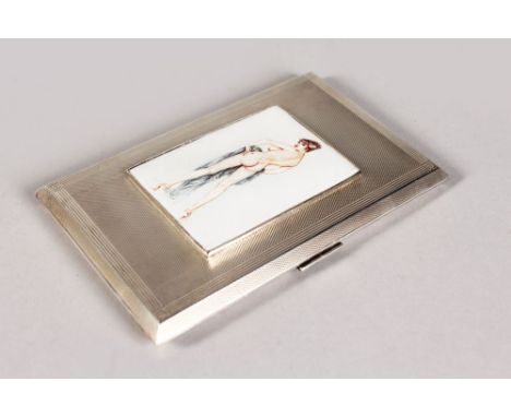 AN ENGINE TURNED CIGARETTE CASE, 5.25ins x 3ins, with inscription, dated 1961, Birmingham 1957, the cover with a glamour oval