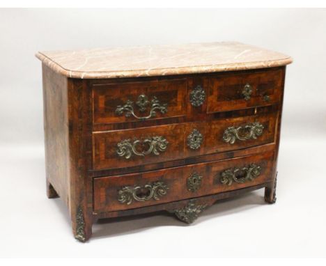 AN 18TH CENTURY FRENCH KINGWOOD, ORMOLU AND MARBLE COMMODE, of slight bowfront form, the rouge marble top above a pair of sho