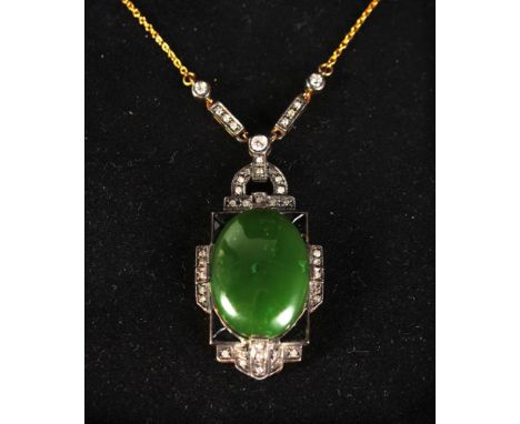 A GOOD 9CT GOLD AND SILVER SET DECO JADE AND ONYX DIAMOND SET PENDANT AND CHAIN.