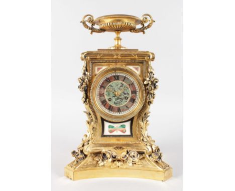 A SUPERB LOUIS XVI ORMOLU AND PIETRA DURA MANTLE CLOCK, with eight-day movement striking on a single bell, with urn finial, a