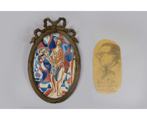 Konvolut 2 Tl., K. Stadelschad, Frau mit Gitarre, Gouache über Bleistift auf Papier, unsigniert, Maße: 28,5 x 19 cm, verso be