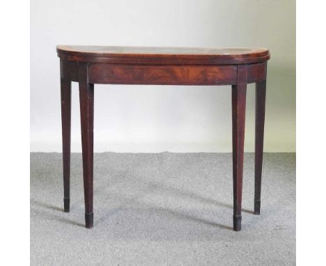 A George III mahogany and satinwood banded folding card table, of narrow proportions, 90cm wide