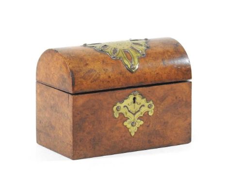 A Victorian walnut and brass mounted tea caddy, with a domed top and fitted interior, 21cm wide