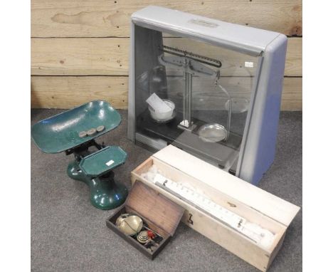 A set of balance scales, by Griffin &amp; George, together with a set of cast iron scales and thermometers