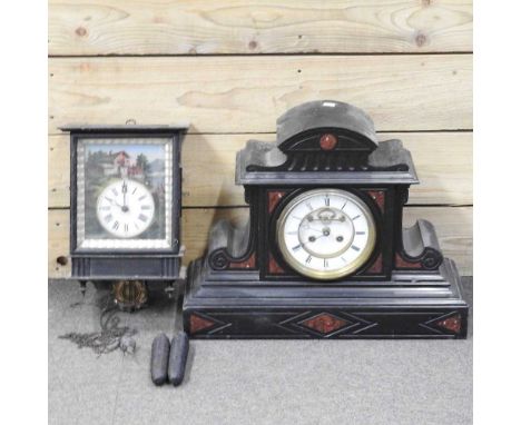 A large Victorian black slate mantel clock, with marble panels, 41cm high, together with a continental wall clock, with a pai