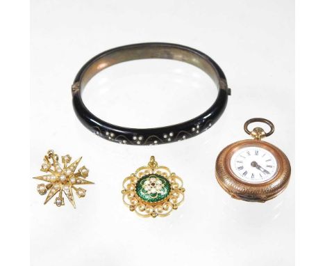 A gilt and enamelled silver, black enamel and seed pearl bangle, of hinged design, 65mm wide, together with a 19th century co