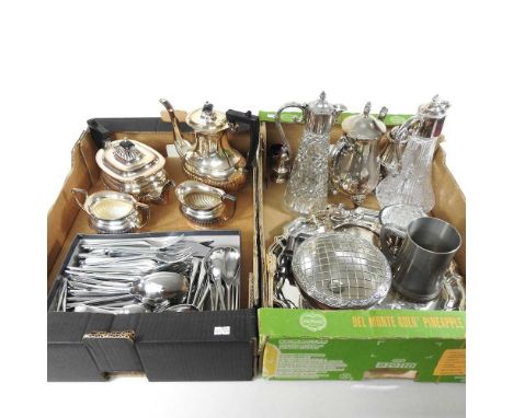 A silver plated tea service, together with two claret jugs, silver plate and metalwares, to include a canteen of stainless cu
