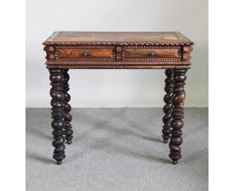 A 19th century Portuguese rosewood writing table, containing two short drawers, on bobbin turned legs83w x 52d x 76h cm