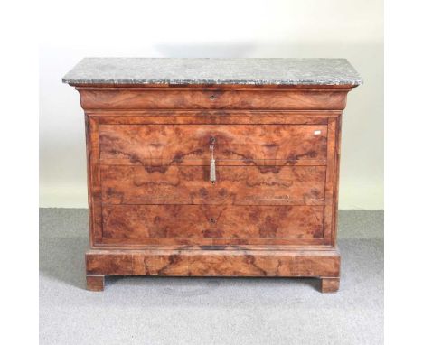 A 19th century French walnut marble top commode chest, containing four long drawers125w x 55d x 100h cm