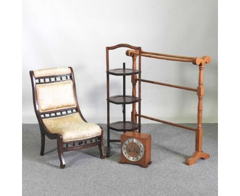 A Victorian cream upholstered side chair, together with an early 20th century cake stand, a towel airer, 75cm wide and a 1930