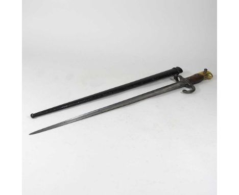 A 19th century French 1874 pattern T-Back Gras bayonet, with a brass mounted wooden grip, stamped RJ 76203, in a painted stee