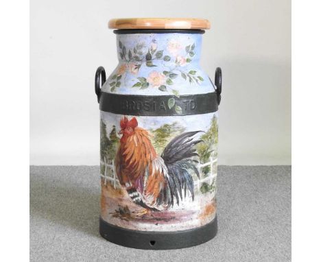 A milk churn stool, painted with a cockerel, 65cm high