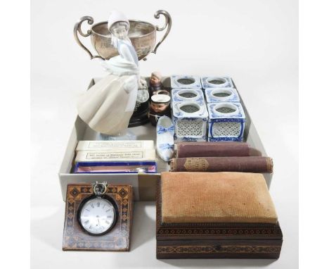 A Victorian tunbridgeware pin cushion, together with a similar pocket watch stand, together with a set of chinese tea light h