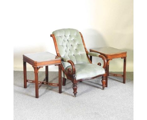 A Victorian carved walnut and green upholstered button back armchair, together with a pair of occasional tables (3)