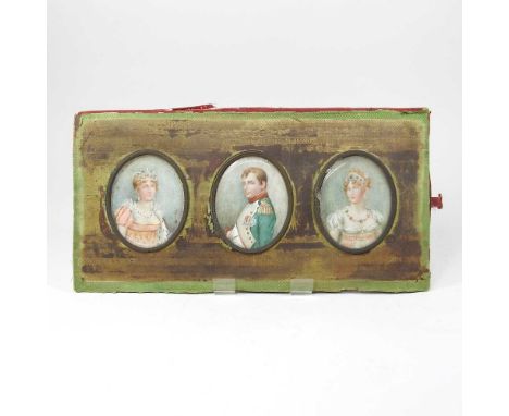 French school, 19th century, a miniature portrait of Napoleon, flanked by two different portraits of Josephine, each 9 x 7cm,