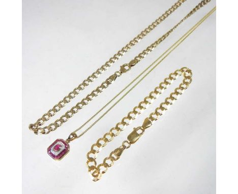 A 9 carat gold curb link bracelet, 6g, 18cm long, together with a curb link necklace, 14g, 42cm long, and 9 carat gold ruby a