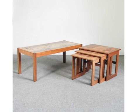 A nest of three 1970's teak tile top occasional tables, together with a matching coffee table, 106cm wide (4)110w x 49d x 46h