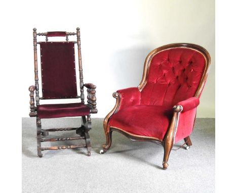 A Victorian red upholstered button back armchair, together with an early 20th century American rocking chair (2)